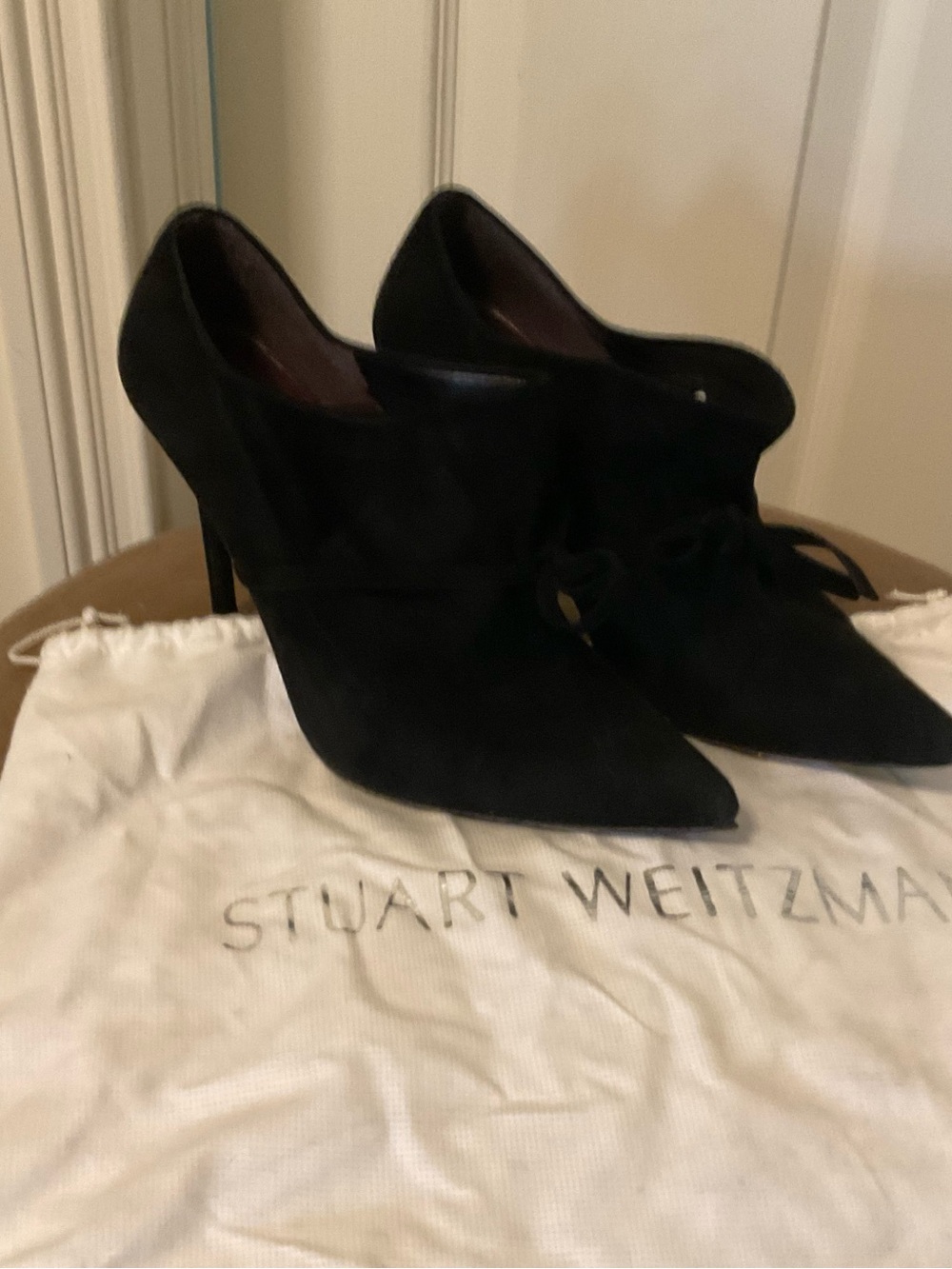 Stuart Weitzman Black Suede Pointed-Toe Lace-Up High Heels